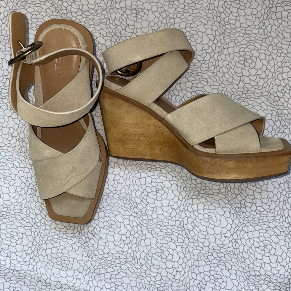 New! Rag & Bone Santiago Crisscross Wood Wedge Sandals Tan Suede Strap - Picture 8 of 11